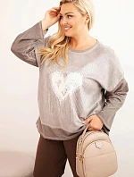Dámská mikina Plus Size bavlněná s potiskem srdce a tkaničkami hnědá