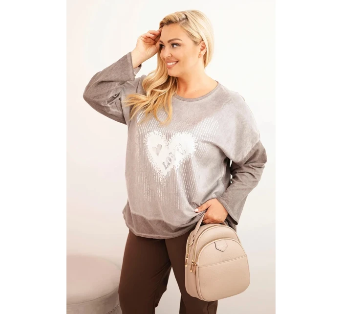 Dámská mikina Plus Size bavlněná s potiskem srdce a model 21321860 hnědá - K-Fashion