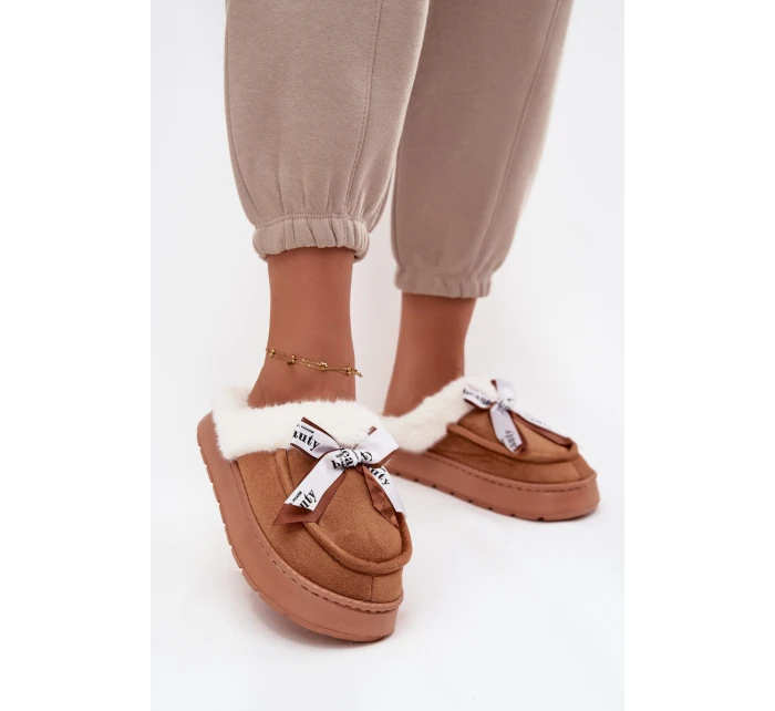Dámské pantofle s kožíškem a mašlí Fenella – hnědé