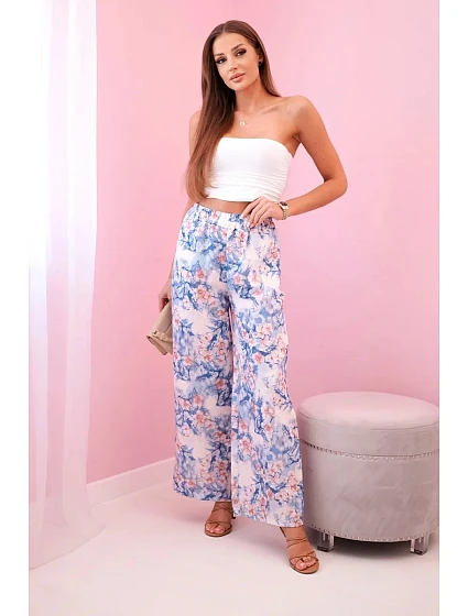 Dámské široké kalhoty s květinovým potiskem modrý