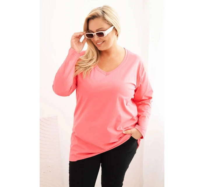 Dámská blůza Plus Size s výstřihem do V a dlouhým rukávem růžová