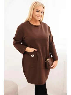 Dámské šaty Plus Size máslo s kapsou a rukávem 3/4 hnědá