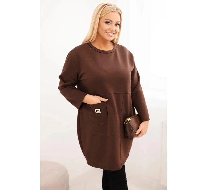 Dámské šaty Plus Size máslo s kapsou a rukávem 3/4 hnědá Dámské šaty Plus Size máslo s kapsou a rukávem 3/4 hnědá