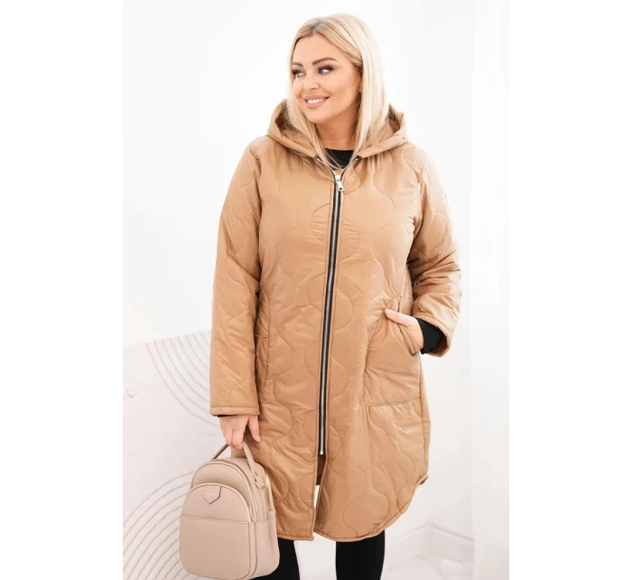 Dámská zimní prošívaná bunda Plus Size s kapucí camelová