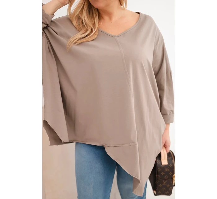 Dámská bavlněná blůza Plus Size s asymetrickým spodním lemem a V výstřihem fango
