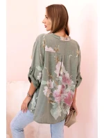 Dámská blůza z bavlny s květinovým vzorem a knoflíky khaki Dámská blůza z bavlny s květinovým vzorem a knoflíky khaki