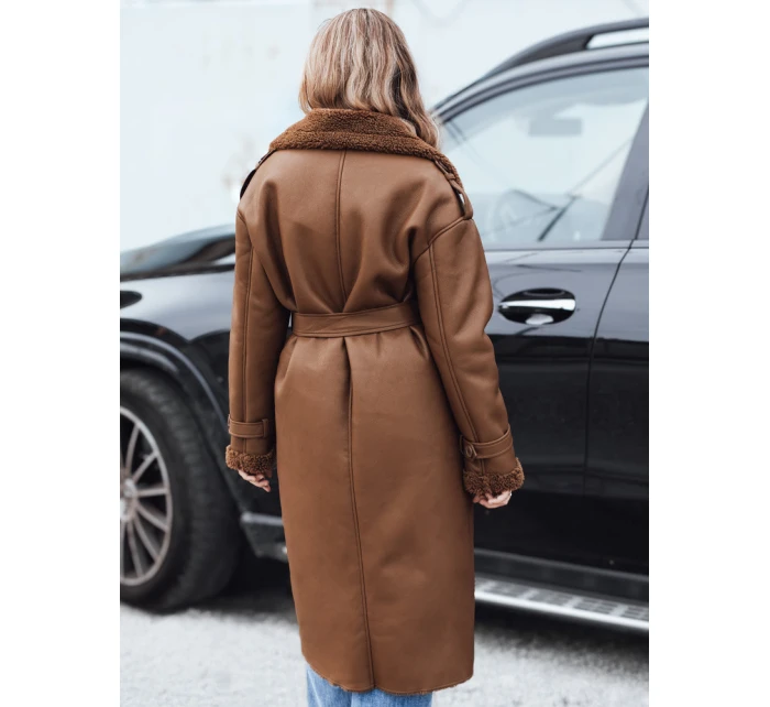 Dámský zimní kabát dlouhý hnědý kožený Dstreet model 21990801 - FashionStreet