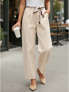 Dámské kalhoty s vysokým pasem a záševky béžové FashionStreet UY2900