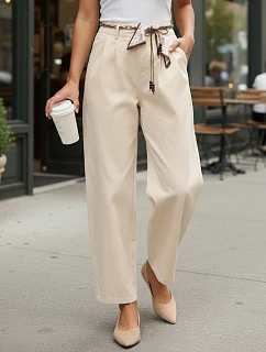 Dámské kalhoty s vysokým pasem a záševky béžové FashionStreet UY2900