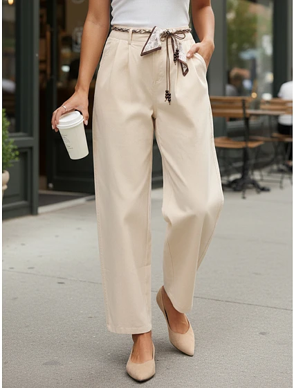 Dámské kalhoty s vysokým pasem a záševky béžové FashionStreet UY2900 Dámské kalhoty s vysokým pasem a záševky béžové FashionStreet UY2900