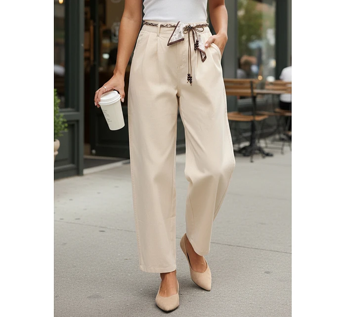 Dámské kalhoty s vysokým pasem a záševky béžové FashionStreet UY2900 Dámské kalhoty s vysokým pasem a záševky béžové FashionStreet UY2900