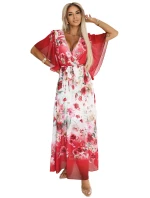 Vzdušné maxi šaty s obálkovým výstřihem a květinovým vzorem RED model 21151839 - numoco basic Vzdušné maxi šaty s obálkovým výstřihem a květinovým vzorem RED model 21151839 - numoco basic