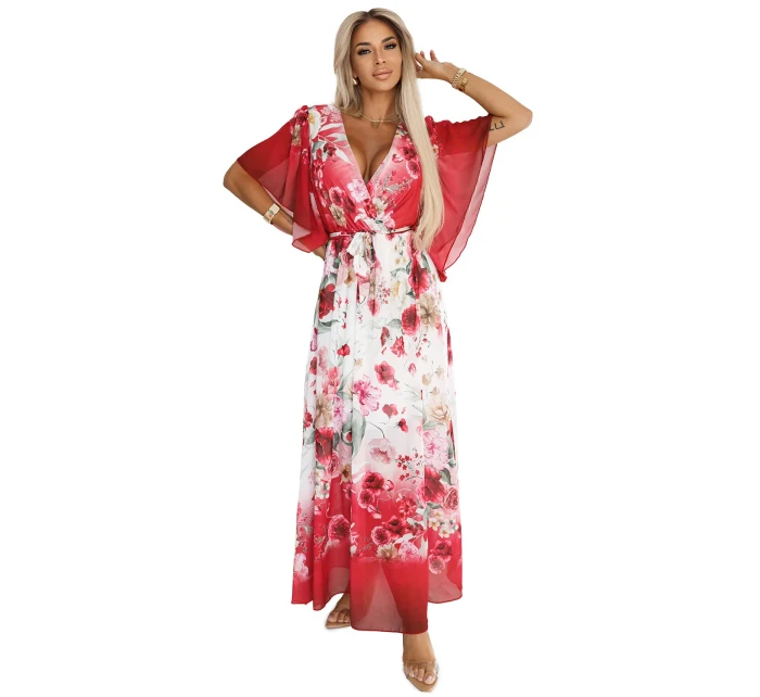 Vzdušné maxi šaty s obálkovým výstřihem a květinovým vzorem RED model 21151839 - numoco basic Vzdušné maxi šaty s obálkovým výstřihem a květinovým vzorem RED model 21151839 - numoco basic