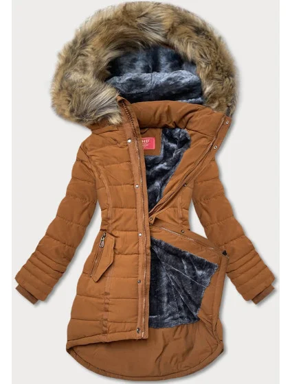Asymetryczna kurtka zimowa damska karmelowa (m-21301) Asymetryczna kurtka zimowa damska karmelowa (m-21301)