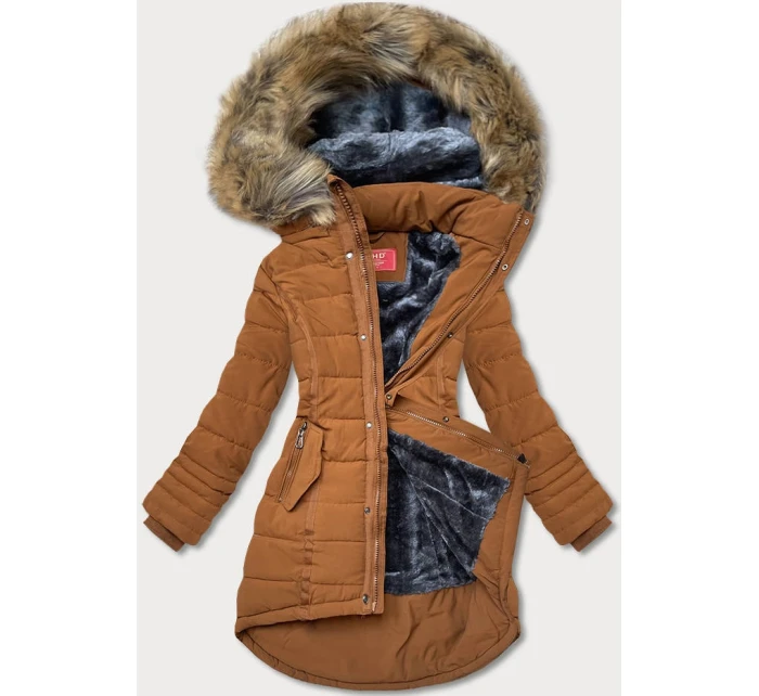 Asymetryczna kurtka zimowa damska karmelowa (m-21301) Asymetryczna kurtka zimowa damska karmelowa (m-21301)