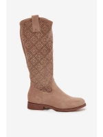 Dámské kozačky s na nízkém podpatku béžové model 21713453 - S.Barski Dámské kozačky s na nízkém podpatku béžové model 21713453 - S.Barski