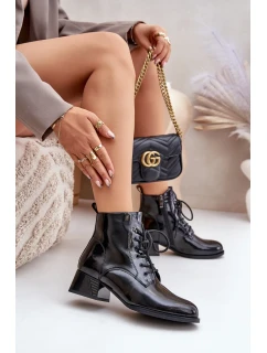 Kožené lakované kotníkové boty na podpatku zateplené D&A JC42-53 černé