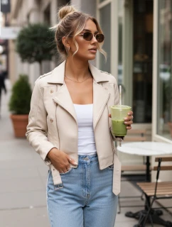 Ramoneska damska skórzana z zamkami beżowa FashionStreet TY5643