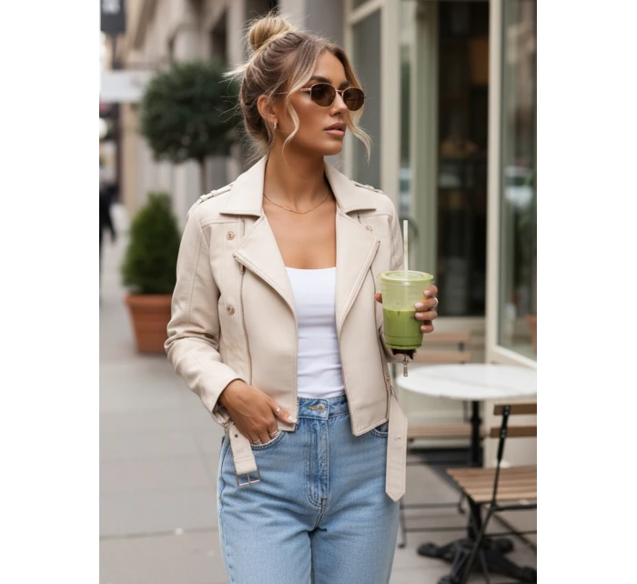 Ramoneska damska skórzana z zamkami beżowa FashionStreet TY5643