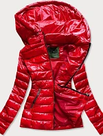 Krátká červená prošívaná dámská bunda s kapucí (CAN-333)