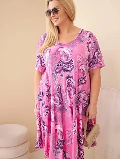 Dámské viskózové šaty Plus Size s krátkým rukávem a paisley vzorem růžová