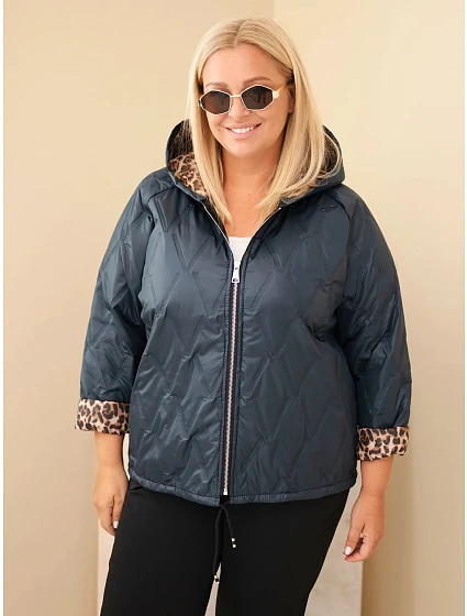 Dámská bunda Plus Size s kapucí a leopardím lemováním modrá Dámská bunda Plus Size s kapucí a leopardím lemováním modrá