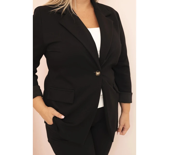 Dámská viskózová sako Plus Size s dlouhým rukávem a límcem černá