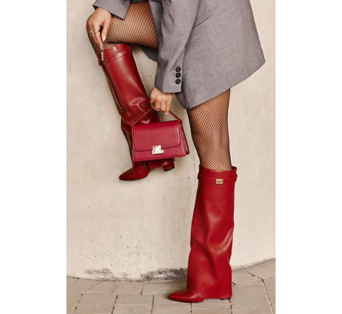 Dámské Kozačky Eko Kůže S Otočeným Svrškem Na Podpatku Bordové Avamora