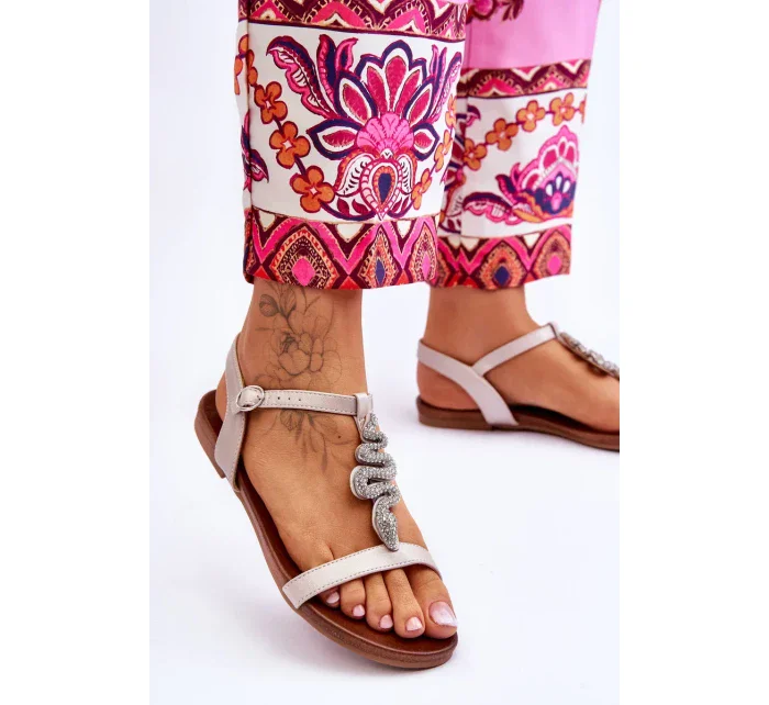 Kožené sandály s ozdobným hadem S.Barski Béžový Kožené sandály s ozdobným hadem S.Barski Béžový