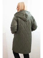 Dámská prošívaná bunda Plus Size s podšívkou v leopardím vzoru a kapucí khaki