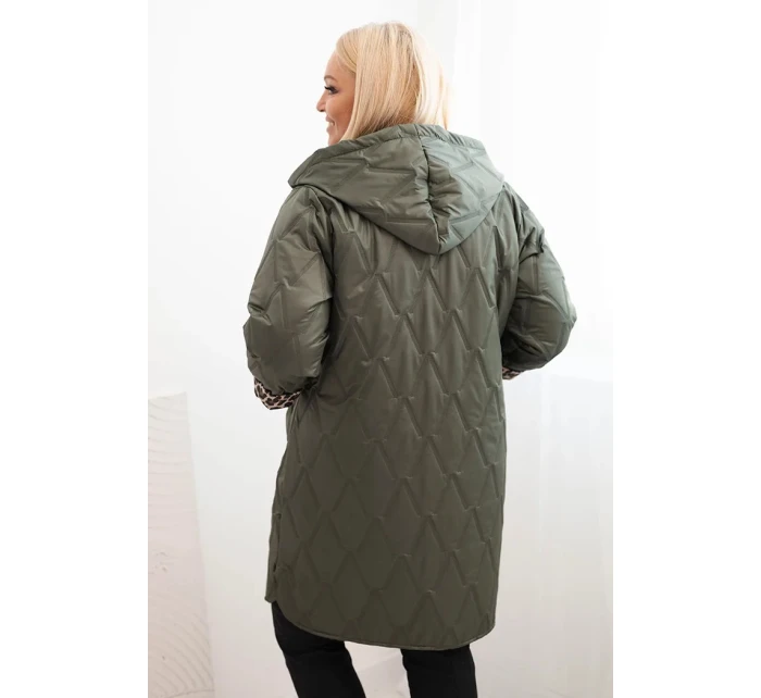 Dámská prošívaná bunda Plus Size s podšívkou v leopardím vzoru a kapucí khaki