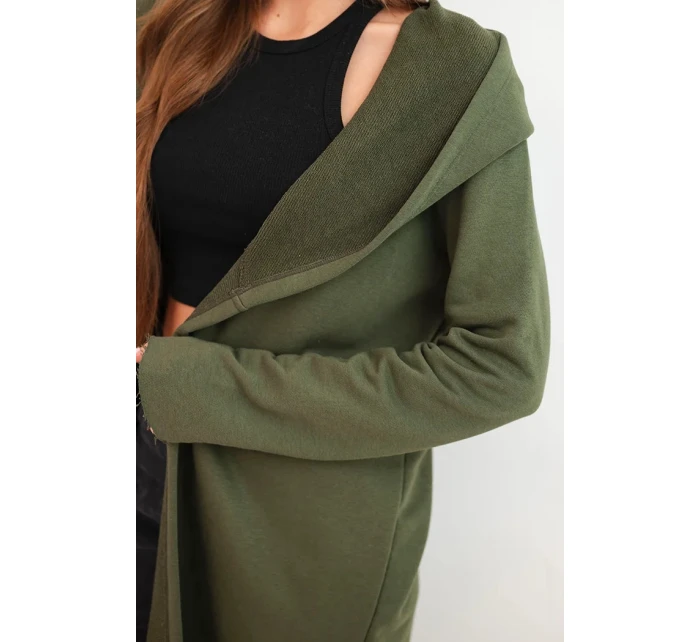 Dámská mikina z bavlny s kapucí a prodlouženým předním dílem khaki