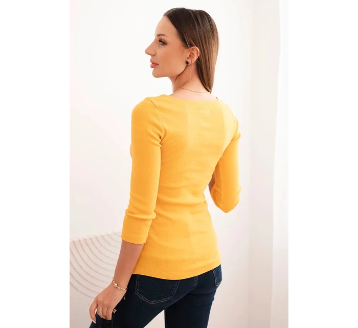 Dámská pruhovaná blůza s rukávem 3/4 a ozdobnou nášivkou hořčicová Dámská pruhovaná blůza s rukávem 3/4 a ozdobnou nášivkou hořčicová