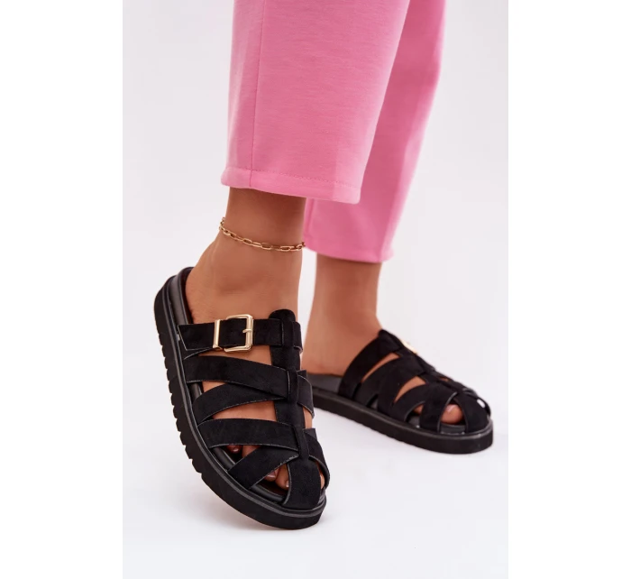 Dámské pantofle s pásky a zlatým sponou Černé model 21943458 - Boto