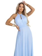 Elegantní maxi večerní šaty na ramínka s a zavazováním v pase modré model 22004204 - numoco basic