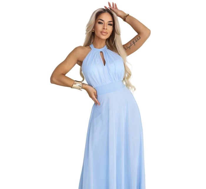Elegantní maxi večerní šaty na ramínka s a zavazováním v pase modré model 22004204 - numoco basic