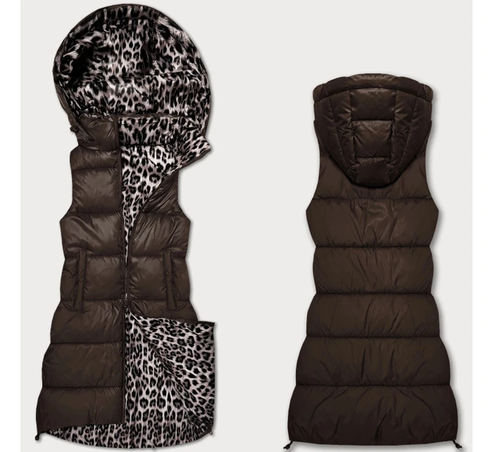 Hrubší oboustranná vesta v čokoládové barvě s panteřím vzorem a s odepínací kapucí (T5-2602#-103)