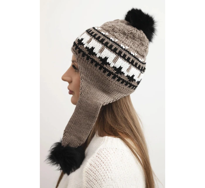Dámská zimní vlnená čepice s ušnicemi a bambulkami K436 mocca Dámská zimní vlnená čepice s ušnicemi a bambulkami K436 mocca
