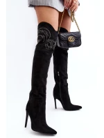 Dámské koleno vysoké boty na podpatku černé model 21638639 - Boto