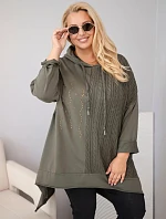 Dámská bavlněná mikina Plus Size s kapucí a pleteným panelem khaki