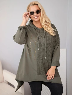 Dámská bavlněná mikina Plus Size s kapucí a pleteným panelem khaki