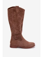 Dámské perforované kozačky na plochém podpatku S.Barski HY61-8023 Hnědé