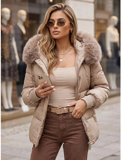 Dámská zimní prošívaná bunda s kapucí, béžová, FashionStreet TY6005 Dámská zimní prošívaná bunda s kapucí, béžová, FashionStreet TY6005