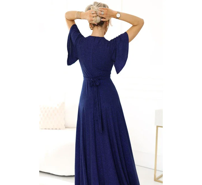 třpytivé dlouhé šaty s rukávy a výstřihem  S model 21012939 - numoco