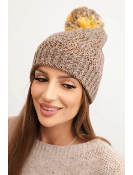 Dámská zimní čepice s vlnou v ozdobném pletení s bambulí K467 mocca