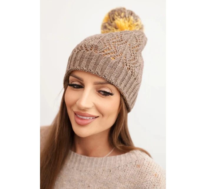 Dámská zimní čepice s vlnou v ozdobném pletení s bambulí K467 mocca