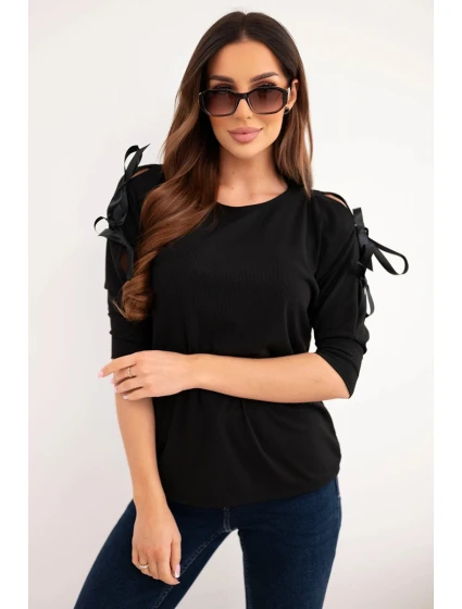 Dámská viskózová blůza s ozdobnými stuhami černá