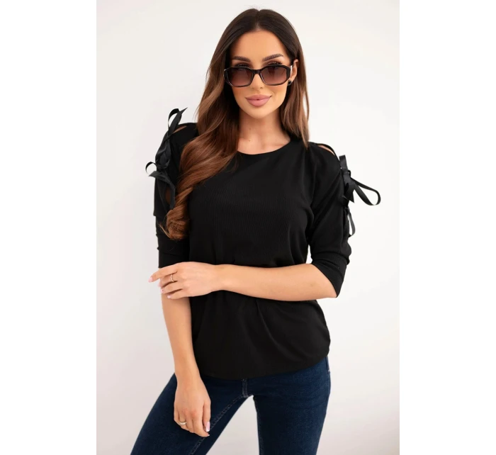 Dámská viskózová blůza s ozdobnými stuhami černá