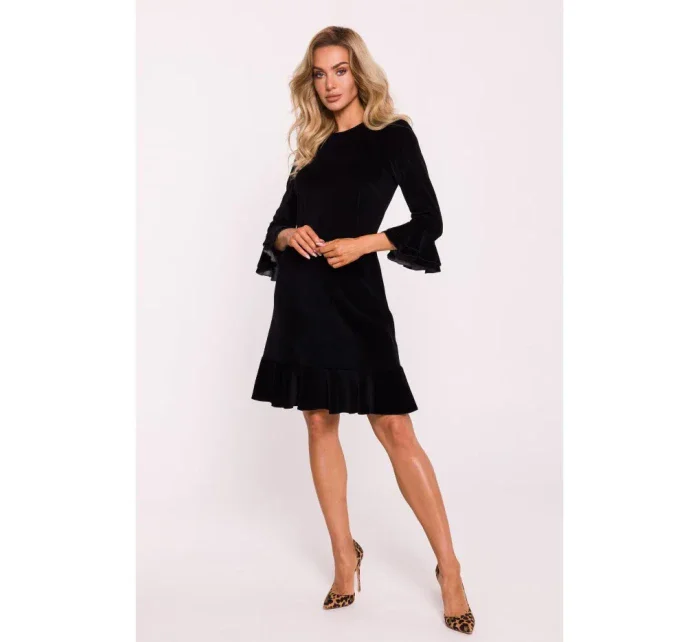 M825 Sametové šaty s volánky - černé M825 Sametové šaty s volánky - černé