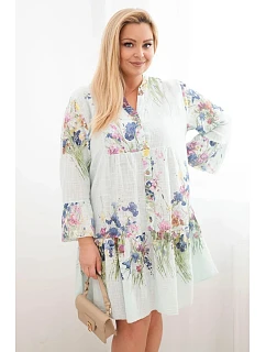 Dámské bavlněné šaty Plus Size s výstřihem do V a model 22043060 květinový vzor mátové - K-Fashion